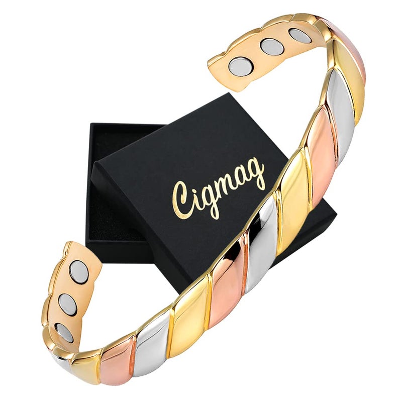 Cigmag Lymphatic Drainage Copper Bracelet for Women Ultra Strength Magnet Solid Pure Copper Magnetic Bracelet Adjustable Cuff Bangle with Present Box (Tricolour Pattern)